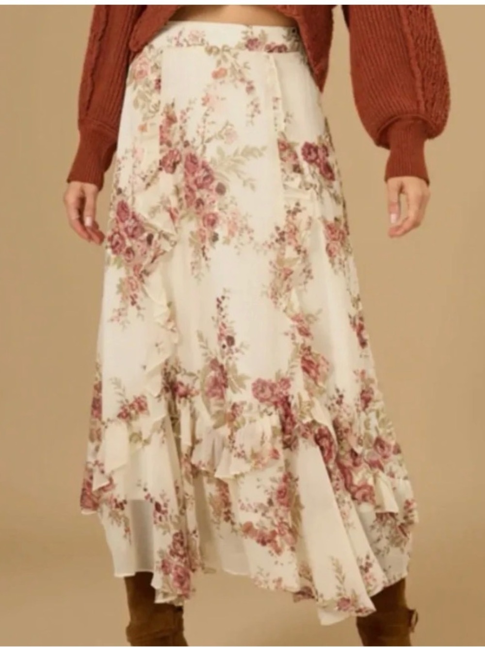 Altar'd State isabella  Cream Floral High-Low Ruffle Maxi Skirt